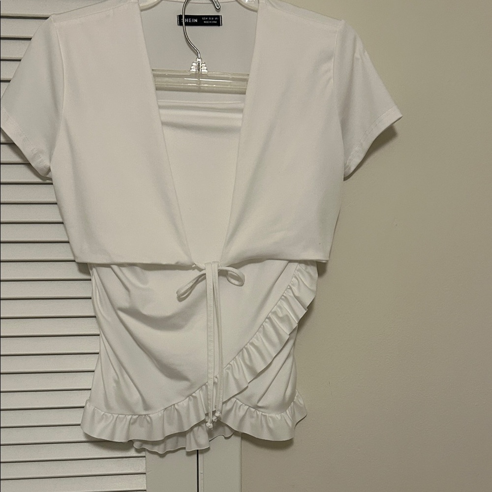 SHEIN Elegant White Tie-Front Blouse and white skirt.